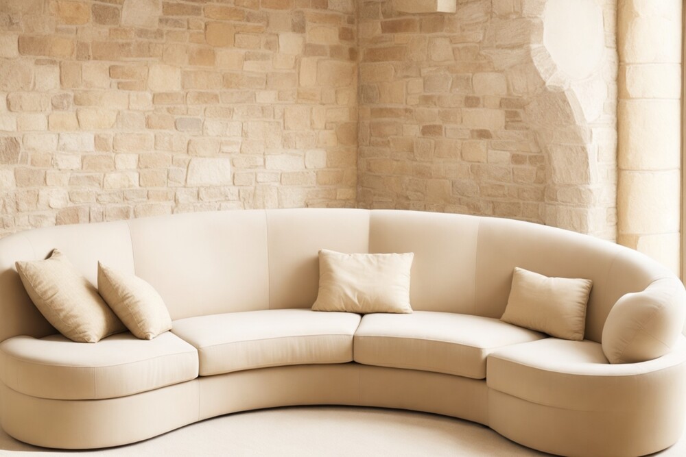 Sofá curvo beige, ideal para crear un ambiente acogedor y fluido, perfecto para espacios amplios y decoraciones sofisticadas.